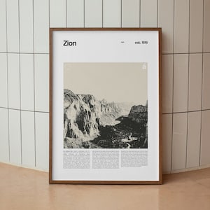 Zion National Park Print, Zion Poster, Travel Zion Utah, Zion Canyon Black White Mid Century Modern Wall Art Minimalist Custom Park Print