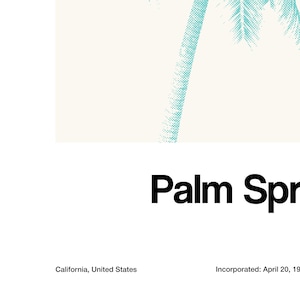 Pu&ograve; includere: Una silhouette di palma blu turchese su uno sfondo verde chiaro. Il testo "Palm Springs" &egrave; sotto l'immagine, e il testo "California, United States" e "Incorporated: April 20, 1938" &egrave; sotto il testo.