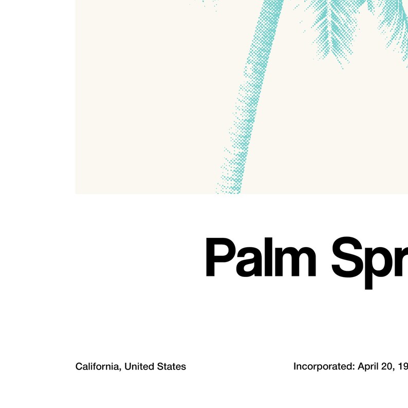 Pu&ograve; includere: Una silhouette di palma blu turchese su uno sfondo verde chiaro. Il testo "Palm Springs" &egrave; sotto l'immagine, e il testo "California, United States" e "Incorporated: April 20, 1938" &egrave; sotto il testo.