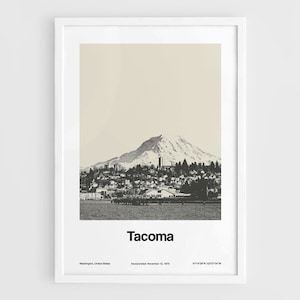 Tacoma Washington Poster, Tacoma WA Print, Tacoma und Mount Rainier Skyline Tacoma Schwarz Weiß Wand Kunst Minimalistisch Kunst Custom City Print