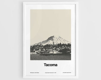 Tacoma Washington Poster, Tacoma WA Print, Tacoma and Mount Rainier Skyline Tacoma Black White Wall Art Minimalist Art Custom City Print