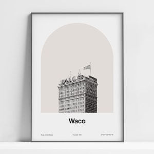 Waco Print, Waco TX Poster, Downtown Waco Alico Building, Waco Texas Black White Brazos River Wall Art Minimalist Custom City Arch Print
