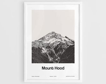 Mount Hood Poster, Mount Hood Oregon Mountains Print, Cascade Volcanic Mt Hood Town Black White Wall Art Minimalist Custom Mountain Print