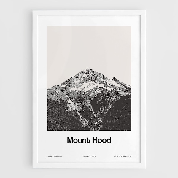 Mount Hood Poster, Mount Hood Oregon Mountains Print, Cascade Volcanic Mt Hood Town Black White Wall Art Minimalist Custom Mountain Print