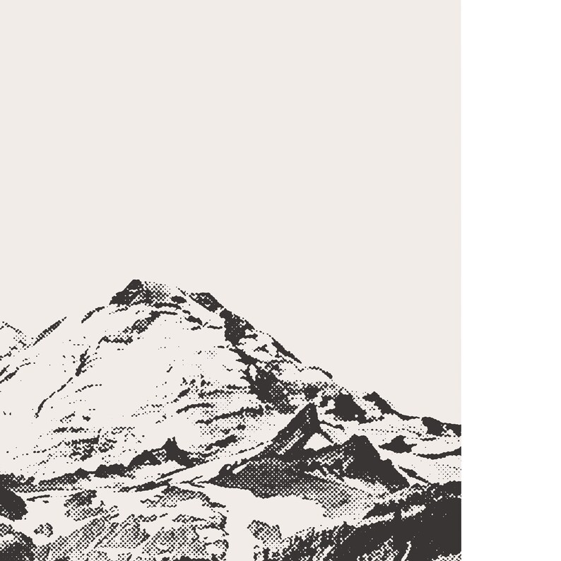 Op de afbeelding: Een zwart-witte illustratie van een bergketen met een besneeuwde top. De afbeelding is in vintage stijl met een korrelige textuur.