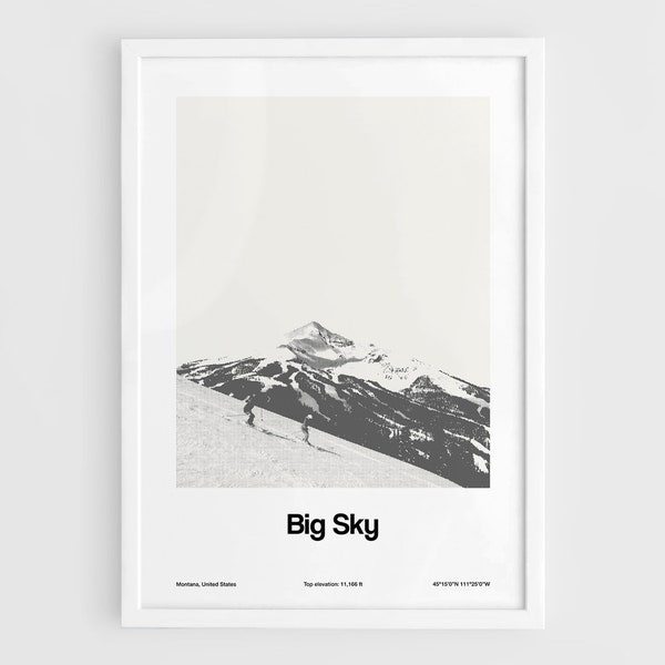 Big Sky Montana Print, Big Sky Poster Lone Peak MT, Big Sky Black White Custom Winter Town Wall Art Minimalist Custom City Print by Artica