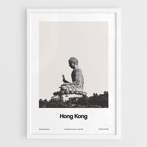 Hong Kong Poster, The Big Buddha at Ngong Ping, Lantau Island, Hong Kong Skyline China Wall Art Minimalist Custom City Print by Artica