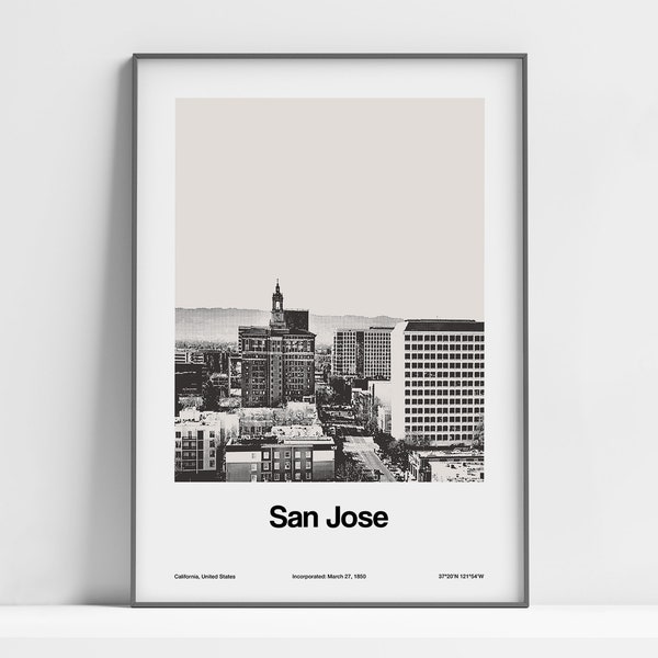 San Jose CA Poster, San Jose California Print, City of San Jose Skyline, San Jose Black White San Jose Wall Art Minimalist Custom City Print