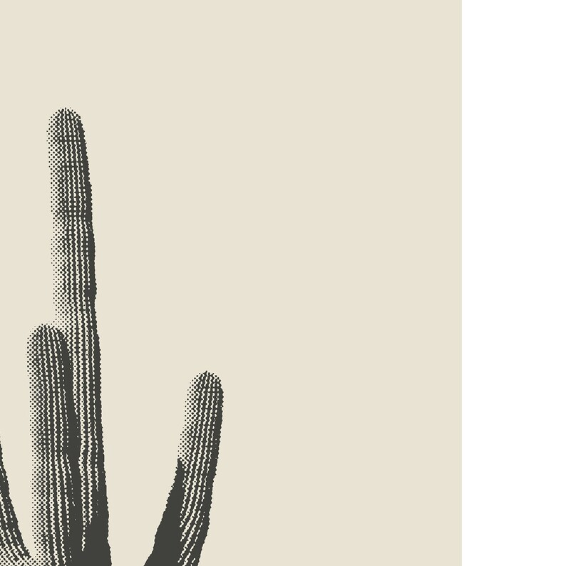 May include: A close-up of two tall, slender cacti with a stippled texture against a light beige background.