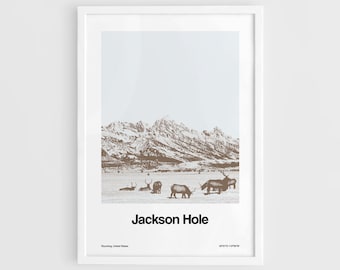 Jackson Hole valley Wyoming, Jackson WY Poster, Jackson Hole Mountain Skyline, Grand Teton Wall Art Minimalist Custom City Print by Artica