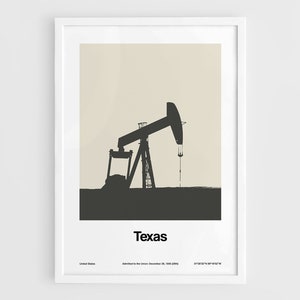 Impresión de Texas, póster de Texas, pozo petrolero de Texas en blanco y negro, foto del estado de Texas, EE. UU., arte de pared minimalista personalizado con bomba de aceite de Texas