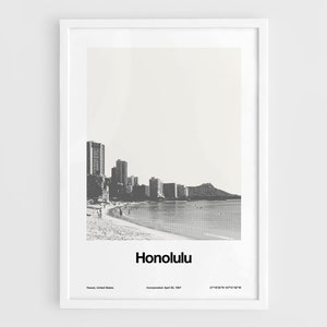 Impresión de Honolulu, póster de la playa de Waikiki, océano Pacífico, Hawái, arte de pared con el horizonte de la isla de Honolulu, Oʻahu, impresión minimalista personalizada de la ciudad de Artica