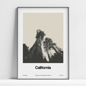 California Print, California Poster, Redwood national parks Northern California Sequoia Black White Wall Art Minimalist Custom City Print