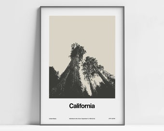 May include: A black and white illustration of tall trees in a forest. The text "California" is at the bottom of the image, along with the text "United States", "Admitted to the Union: September 9, 1850 (31st)", and "37°N 120°W".