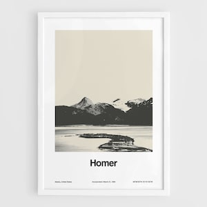 Cartel de Homer Alaska, Impresión de Homer AK, Homer Tuggeght Negro Blanco Alaska Montaña Foto Alaska State Wall Art Minimalista Impresión de ciudad personalizada