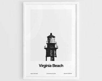 Virginia Beach Print, New Cape Henry Lighthouse Second tower Virginia Beach VA Print Wall Art Minimalist Custom City Print by Artica