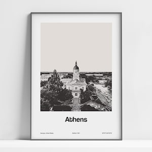 Athens GA Poster, Athens Georgia Print, Athens Skyline, Athens GA Black White Photo Wall Art Minimalist Custom College Town City Print