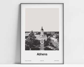 Athens GA Poster, Athens Georgia Print, Athens Skyline, Athens GA Black White Photo Wall Art Minimalist Custom College Town City Print