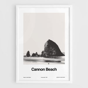 Cannon Beach Print, Cannon Beach Oregon Poster, Cannon Beach OR Photo Black White Haystack Rock Wall Art Minimalist Custom City Print