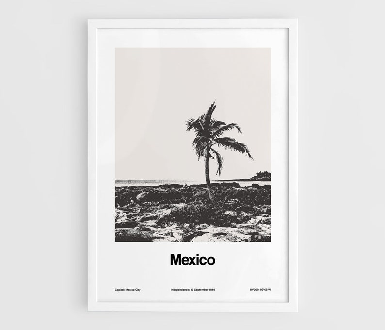 Mexico Poster, Mexico Art Print, Gulf of Mexico Photo, United Mexican States Travel Black White Mexico Wall Art Minimalist Custom City Print image 1