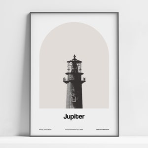 Jupiter Lighthouse FL Print, Jupiter Inlet Lighthouse Florida Palm Beach County, Miami area Arch Wall Art Minimalist Custom City Print