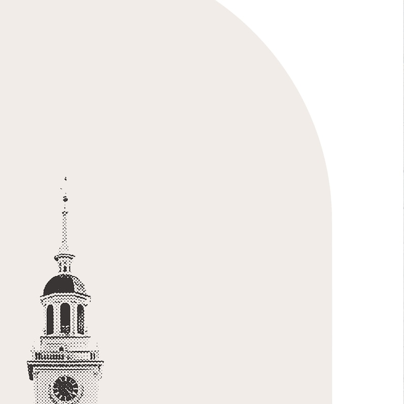 May include: Black and white illustration of a historic building with a tall steeple and a clock face.