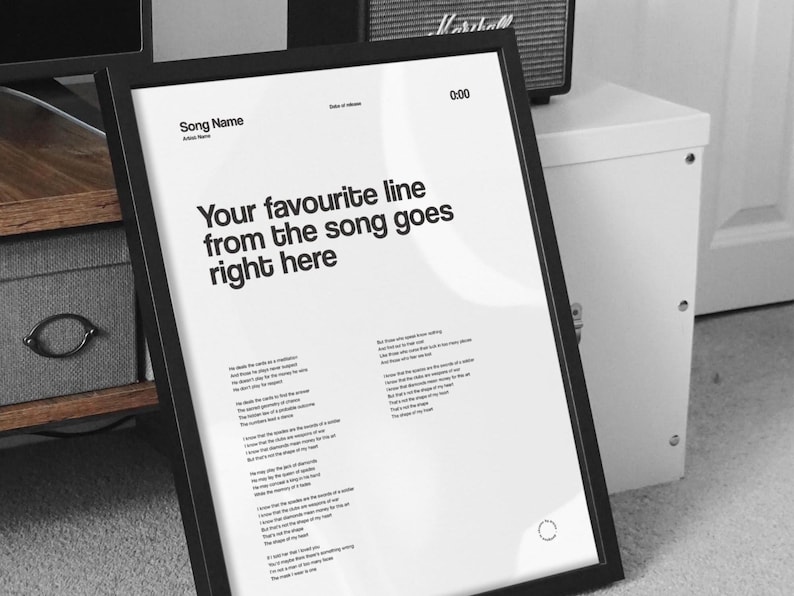 May include: Black framed poster with a white background. The poster features song lyrics and the text "Your favourite line from the song goes right here". The top of the poster has the words "Song Name" and "Date of release".