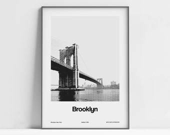 Brooklyn Bridge Poster, Brooklyn Bridge Print, Brooklyn New York Black White, Brooklyn NYC Manhattan Wall Art Minimalist Custom City Print
