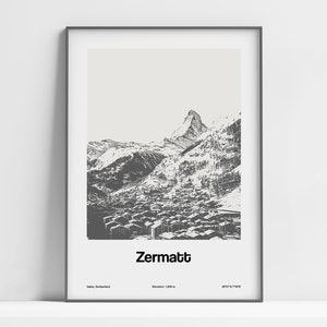 Zermatt Print, Zermatt Poster, Zermatt Skiing Swiss Alps, Zermatt Alpen Mountains Matterhorn Mount Wall Art Minimalist Custom Mountain Print