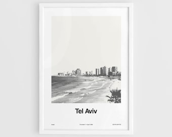 Tel Aviv Poster, Tel Aviv Print, Tel Aviv Skyline, Tel Aviv Israel Black White Photo Travel Tel Aviv Wall Art Minimalist Custom City Print