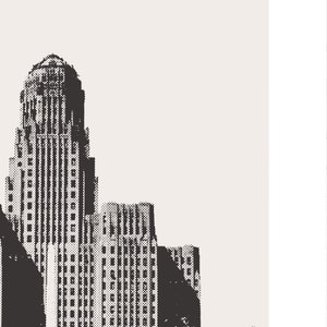 May include: Black and white illustration of a tall building with a rounded top. The building has many windows and is a classic example of an urban skyscraper.