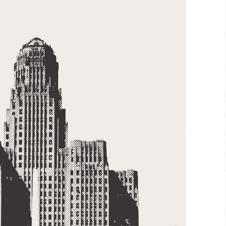May include: Black and white illustration of a tall building with a rounded top. The building has many windows and is a classic example of an urban skyscraper.