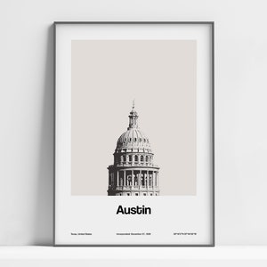 Impresión de Austin, póster de Austin TX, edificio del Capitolio del estado de Austin, Texas, Austin en blanco y negro, regalo de Austin, arte de pared, impresión minimalista personalizada de la ciudad