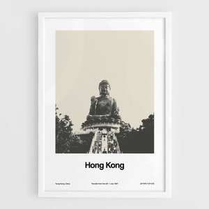 Hong Kong Print, The Big Buddha Hong Kong City Skyline Republic of China Buddha Shakyamuni Wall Art Minimalist Custom City Print by Artica
