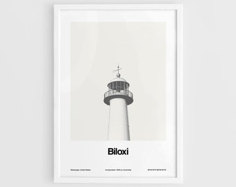 Biloxi Lighthouse Poster, Biloxi Print, Biloxi Mississippi Poster, Biloxi Light MS Black White, Biloxi Wall Art Minimalist Custom City Print