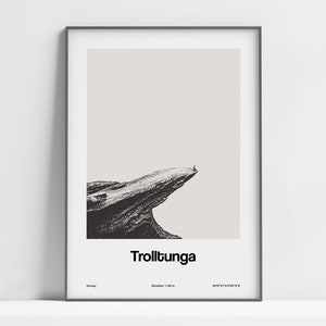 Trolltunga Poster, Trolltunga Druck, Trollzunge Norge Norwegen Skandinavien Nordisch, Norwegen Reise Wandkunst Minimalistisch Custom City Print