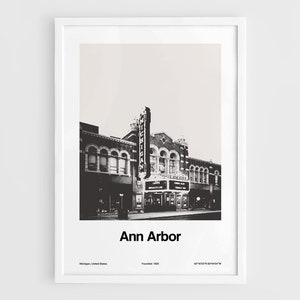 Ann Arbor Print, Ann Arbor Michigan Theater, Ann Arbor MI Black White, Ann Arbor Photo, Ann Arbor Wall Art Minimalist Custom City Print