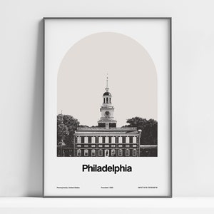 Philadelphia Pennsylvania Print, Philadelphia PA Poster, Philadelphia Independence Hall Black White Wall Art Minimalist Custom City Print