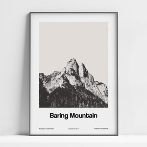 May include: Black and white framed print featuring Baring Mountain. The image shows a detailed illustration of the mountain with the text "Baring Mountain" below. Additional text includes the location, elevation, and coordinates.