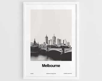 Póster de Melbourne, Lámina de Melbourne, Australia, Viaje a Melbourne en blanco y negro, Arte mural minimalista personalizado de la silueta de Melbourne