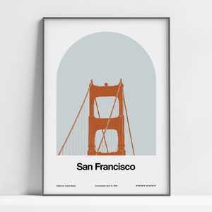 San Francisco Poster, San Francisco CA Print, Golden Gate Bridge San Francisco Bay Black White Wall Art Minimalist Custom City Arch Print