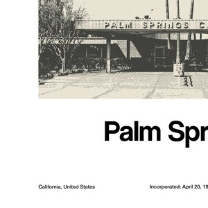 May include: Black and white image of a building with the text "Palm Springs" above the entrance. The building is surrounded by trees and a parking lot.