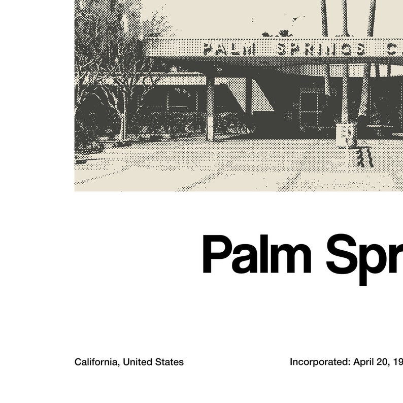 May include: Black and white image of a building with the text "Palm Springs" above the entrance. The building is surrounded by trees and a parking lot.