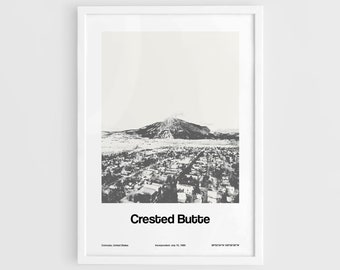 Crested Butte Colorado Print, Crested Butte Winter Town Poster, Crested Butte Black White Wall Art Minimalist Custom Winter Town Print