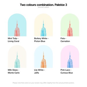 May include: A graphic design illustration of six different colour combinations. Each combination features a stylised image of a skyscraper in a different colour scheme. The colour combinations are: Mint Tulip - Living Coral, Buttery White - Picton Blue, Feta - Carnation, Milk Glass - Monte Carlo, Lily White - Jaffa, and Pink Lace - Curious Blue.