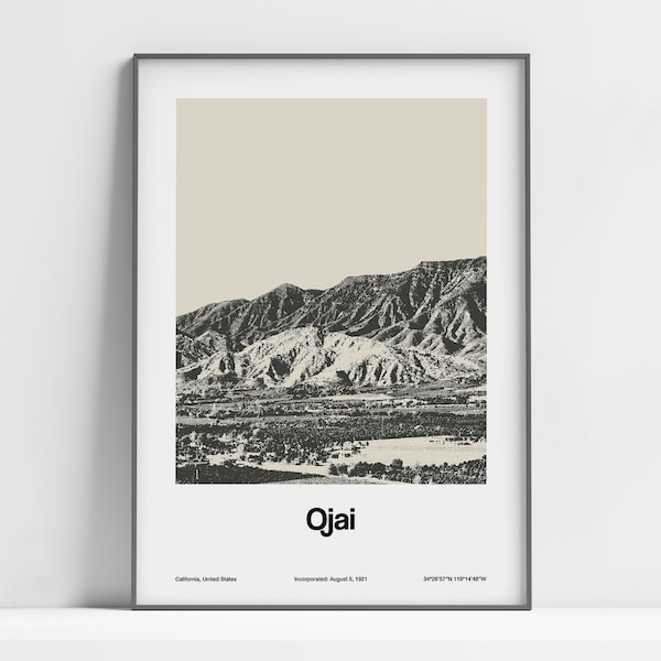 Ojai CA Print, Ojai California Poster, Ojai Valley Mountains California, Ojai Skyline Black White Wall Art Minimalist Custom City Print