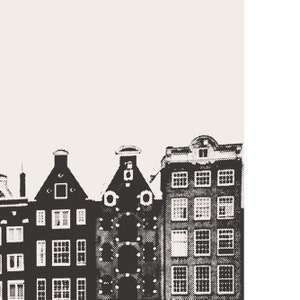 May include: Black and white illustration of a row of three traditional Dutch houses with gabled roofs and multiple windows.