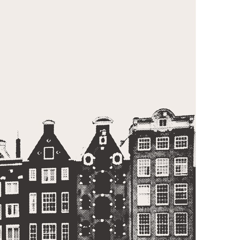 May include: Black and white illustration of a row of three traditional Dutch houses with gabled roofs and multiple windows.