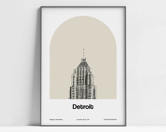 Detroit MI Print, Detroit Poster, The Fisher Building in Detroit Art Deco Michigan Black White Wall Art Minimalist Custom City Print