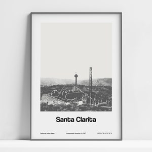 Impresión de Santa Clarita CA, cartel de Santa Clarita California, atracciones del Valle de Santa Clarita Arte de pared blanco negro Impresión de ciudad personalizada minimalista